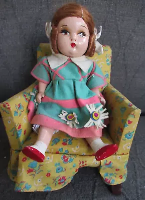 Vintage 8 ½” Composition Doll With Cute Old Upholstered Armchair • $14.98