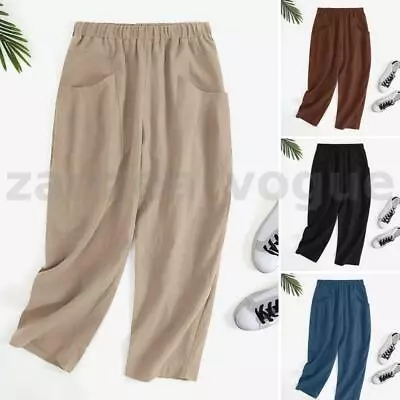 ZANZEA Womens Casual Plain Long Pants Wide Leg Cotton Linen Cargo Harem Pants AU • $28.08