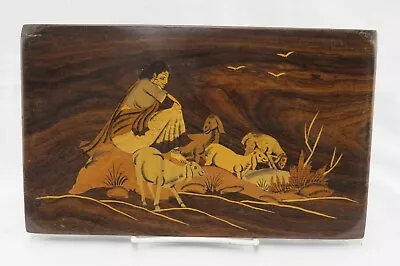 Vintage Indian Woman & Sheep Inlaid Marquetry Wood Plaque Wall Hanging Picture • $10.99