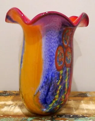 Vintage Blown Colorful Millefiori Blown Glass Art Murano Handkerchief Vase 13   • $99.95