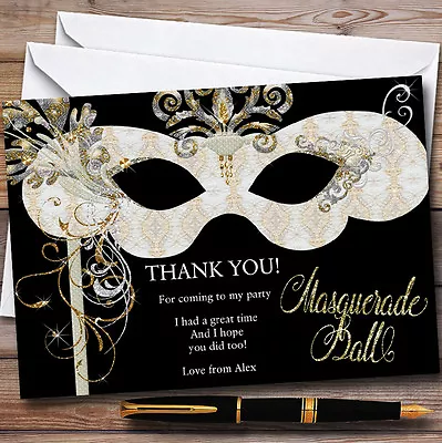 White & Gold Masquerade Ball Personalised Party Thank You Cards • £9.99