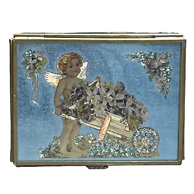 Vintage Via Vermont Blue Glass Sides TRINKET JEWELRY BOX Cherub Angel 4  X 3  • $22.46