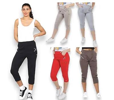 Ladies Cherry Berry Capri 3/4 Shorts Pants Cotton Casual Stretchy Long Trousers • £6.98