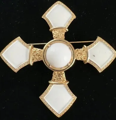 Maltese Cross White Enamel Gold Pendant Brooch Vintage Mid Century Renaissance! • $16