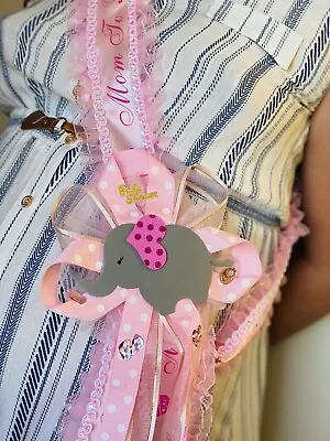 Baby Shower Sash Elephant Mom To Be It's A Girl Sash Pink Ribbon And Corsage • $17.50