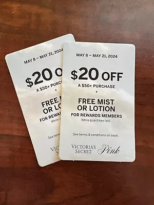Lot Of 2 Victoria’s Secret Coupon $20 Off $50 + Mist Or Lotion Use May 8-21 • $5.99