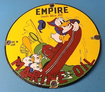 Vintage Empire Marine Oil Sign - Donald Duck Service Gas Pump Porcelain Sign • $139.47