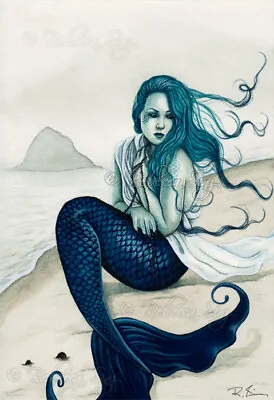 MERMAID Fantasy Art PRINT Beach Windy Shore Water Watercolor Blue Green Teal Sea • $16