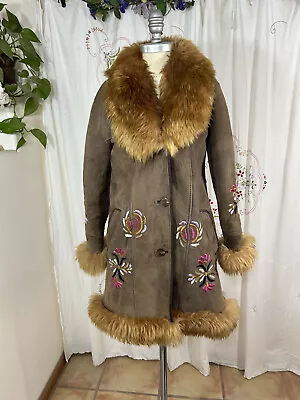 Vtg 70s Penny Lane Real Sheepskin Afghan Coat Embroidered Almost Famous Sz 4/XS • $255.26