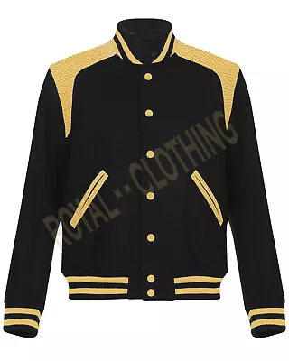 Varsity Letterman  Retro Style Black Wool & Gold Leather Shoulder Patch Jacket • $89.99