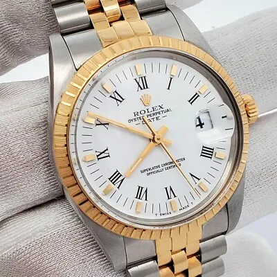 Rolex Date 34mm 15053 Vintage White Roman Dial 2-Tone Jubilee Watch Box Papers • $6900