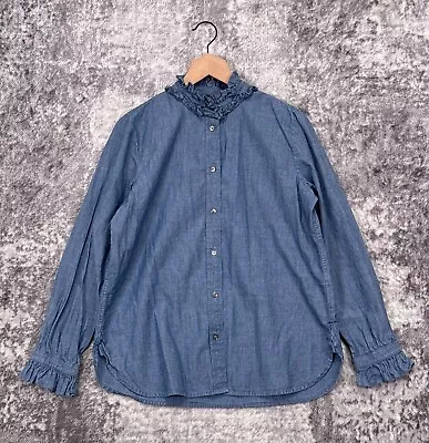 J Crew Top 10 Womens Classic Fit Blue Chambray Ruffleneck Denim Shirt • $39.99