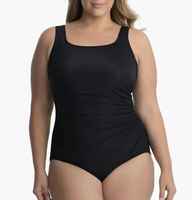 MiracleSuit Black Modest Coverage Vee Neck Cinched Waist Shapping Bathingsuit • $95