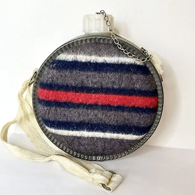 7” Vtg Saddle Blanket Canteen Tin Exterior Rim W/ Plastic Bottle Inside Camping • $27.99