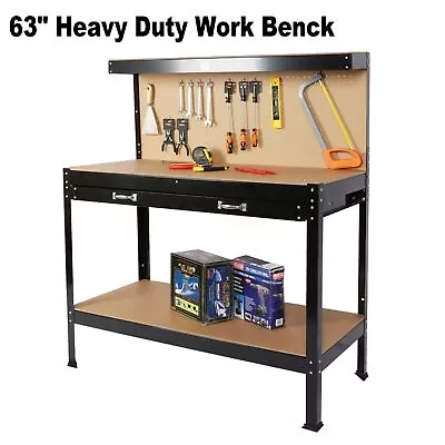 63  Workshop Table Work Bench Garage Steel Tool Storage Drawers Shelves PegBoard • $120.30