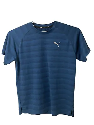 PUMA T Shirt Mens L 45x29 Blue Striped Reflective Logo Short Slv Ltwt Crew NEW • $14.38