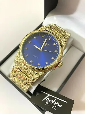 Techno Pave Hip Hop Nugget Pattern 14K Gold Platted Metal Band Watches 8364-108 • $19.95