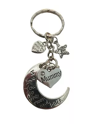 I LOVE YOU TO THE MOON AND BACK MUMMY KEYRING Heart Charm Pendant Gift + Bag • £4.97