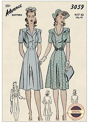 1940s Wartime Tea Dresses Sewing Pattern Bust 42 • £19.99