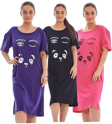 Ladies Nightdress Round Neck Printed 100% Cotton Short Sleeve Nightie Nightshirt • £8.95