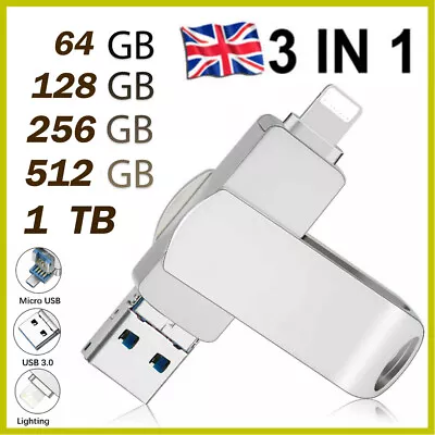 2TB 1TB 3in1 USB 3.0 Memory Stick Flash Hard Drive External Storage Fr IPhone PC • £26.11