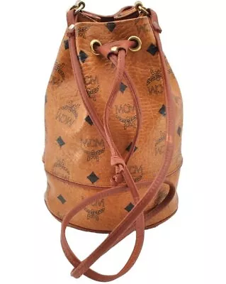 Authentic MCM Visetos Leather Shoulder Cross Drawstring Bag Purse Brown 9038I • $31