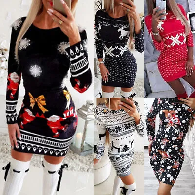 £12.59 • Buy Women Christmas Jumper Dress Ladies Long Sleeve Party Sweater Mini Dress Bodycon