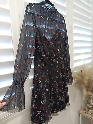 $25 • Buy ASOS Women's Black Mesh Floral Long Sleeve Party Cocktail Dress Size 14 Uk