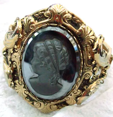 Gorgeous Ornate Vintage Gold Tone And Hematite Cameo Bracelet W/Safety Chain • $5.01