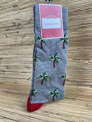 Men's Socks Gray With Christmas Palm Trees Red And Yellow Lights Size 6-12 St183 • $9.34