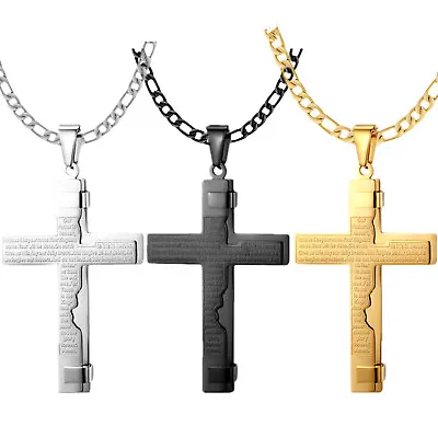 Cross Pendant Necklace For Men Boys Stainless Steel Lord's Prayer Bible Chain • $11.99