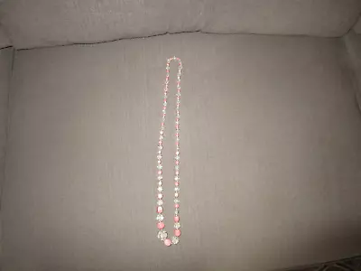 Vintage LONG Clear Czech Glass PEACH Bead Necklace 17  Drop • $35