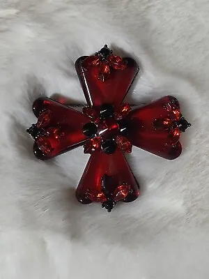Large Thick Japanned Metal Red Lucite Acrylic Maltese Cross Vintage Brooch Pin • $125