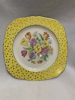 H & K Tunstall 8.5  Yellow Square Plate With Needlepoint Crosstich Flower Print • $19.99