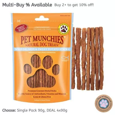 Pet Munchies Wild Salmon Sweet Potato Sticks Chewy Strips Dog Chews Treats 90g • £5.29