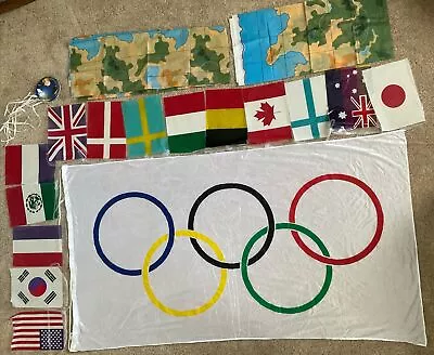 Olympic Logo Flag 3' X 5' + Streamer Of Flags Of Many Countries Party Set • $9.99