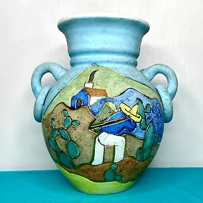 Ceramic Gardiel Linea Mexico Pottery Blue Field Scene Double Handle Vase/Jug • $25