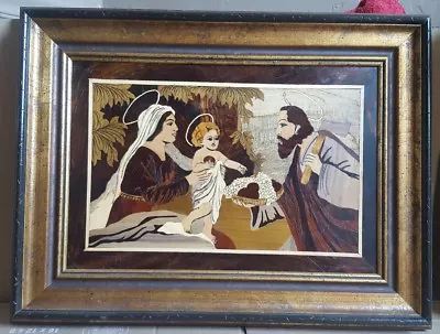 Vintage Wood Inlay Marquetry Wall Art Picture Baby Jesus Mary Joseph  • $36