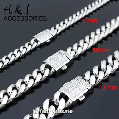 18-40 MEN Stainless Steel 7/10/12mm Silver ICY CZ Miami Cuban Chain Necklace*165 • $36.99