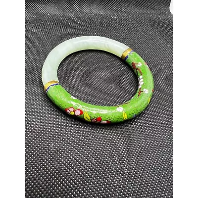 Vintage Chinese Green Cloisonne Jade Bangle Bracelet Enameled Flowers • $169