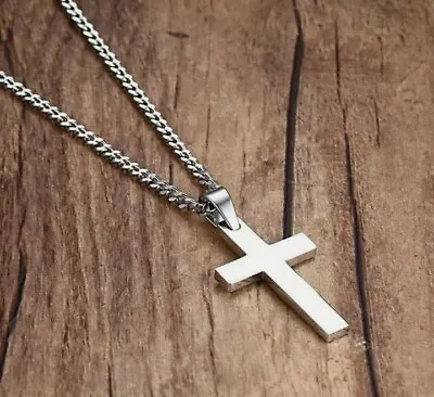 Mens Chain Necklace Silver Cross Pendant Rosary Jesus Men's Stainless Steel Love • £6.89
