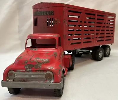 Vintage 1955 Tonka Pressed Steel Livestock Semi Truck 24” Toy Tractor Trailer • $160