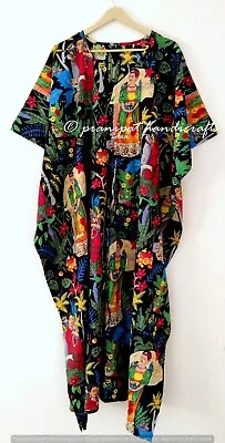 Indian Black Long Frida Kahlo Print Cotton Maxi Women Nightwear Caftan Dress • $22.55