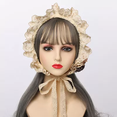 Lolita Girl's Lace Bonnet With Flower Vintage Women's Maid Lace Hat With Tie • $36.95