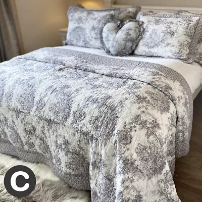 Luxury 100% Cotton Dove Grey French Toile Bedspreads Duvet Covers Curtains • £69.95