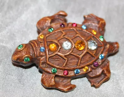 Vintage Syroco Wood Cared Sea Turtle Brooch Pin Jewelry With Rhinestones • $13