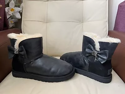 UGG Mini Crystal Bows Black Leather Boots Uk Size 5.5EUR 38 • £59.99