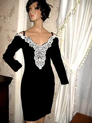 Lovely Vintage Zumzum Black Velvet Long Sleeve Cocktail Dress -white Pearls/lace • $18.95