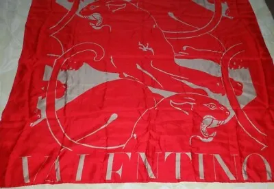  VALENTINO 100% Silk Satin Scarf Rare Red & Beige Jaguar Print Made In Italy 35  • £120