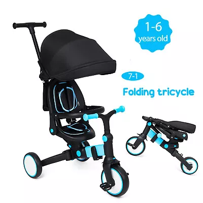 7 In 1 Baby Tricycle Folding Toddler Bike With Removable Handle Canopy Guardrail • $83.99